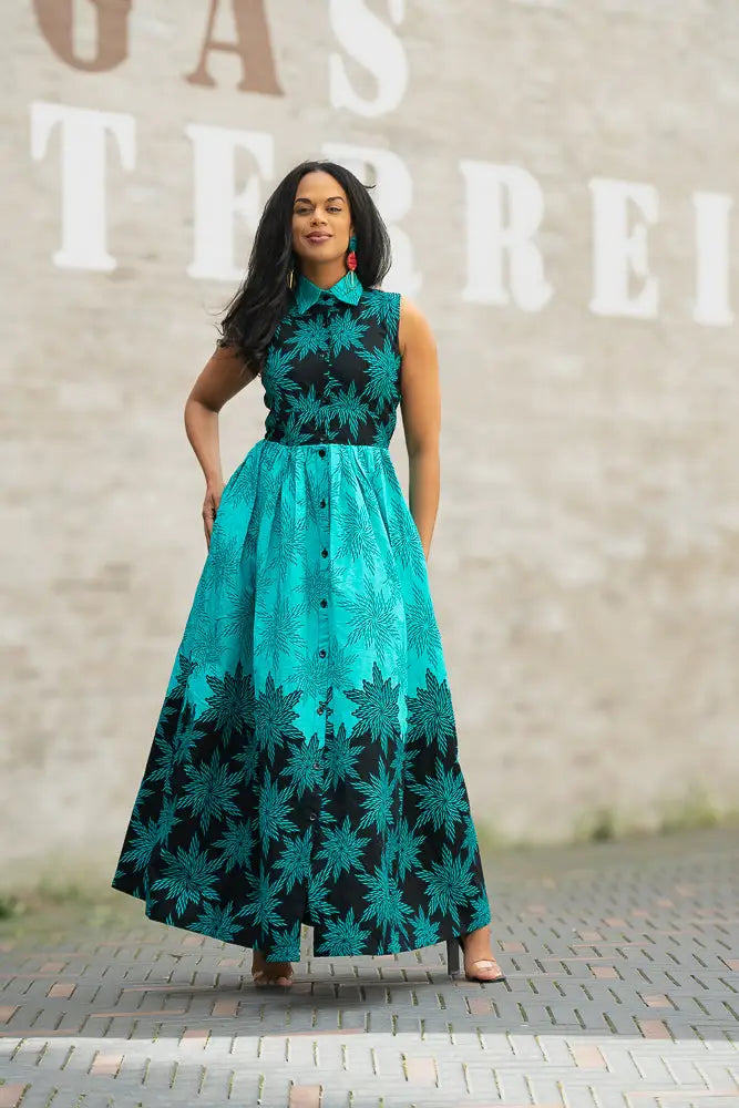 teal color maxi dress CAIRO Black ANKARA MAXI DRESS