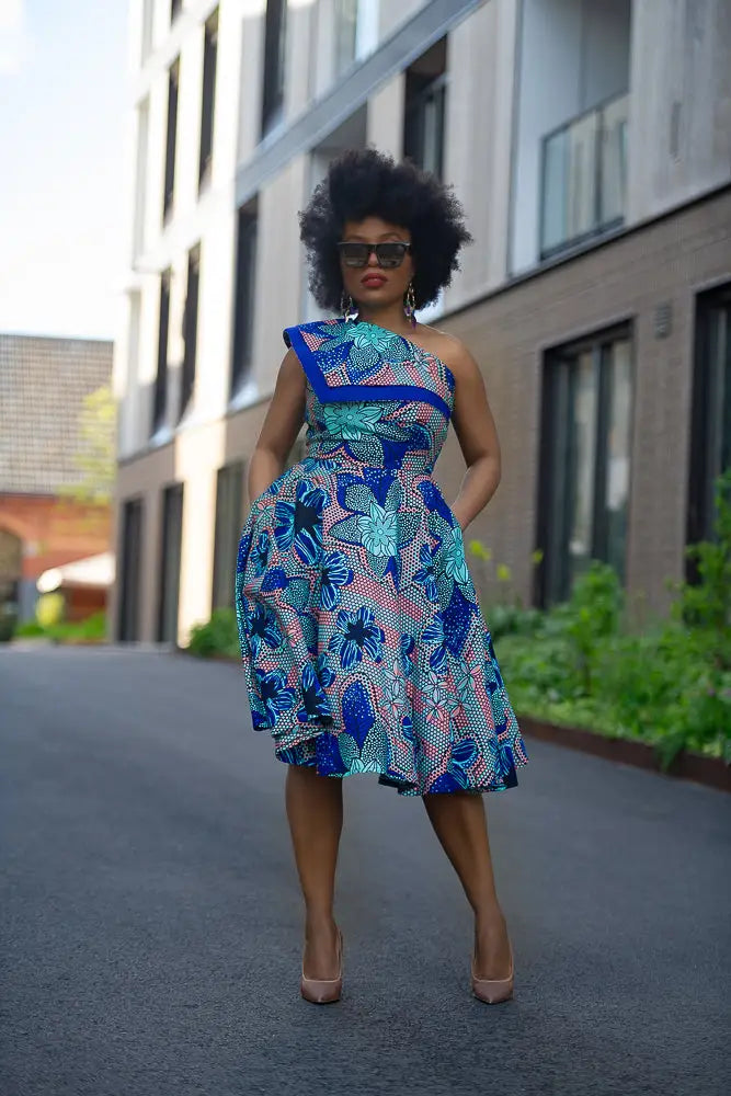asymmetric pattern dress Dalia Blue Back zipper closure Size:38 Vintage Tulle High Neck 12W