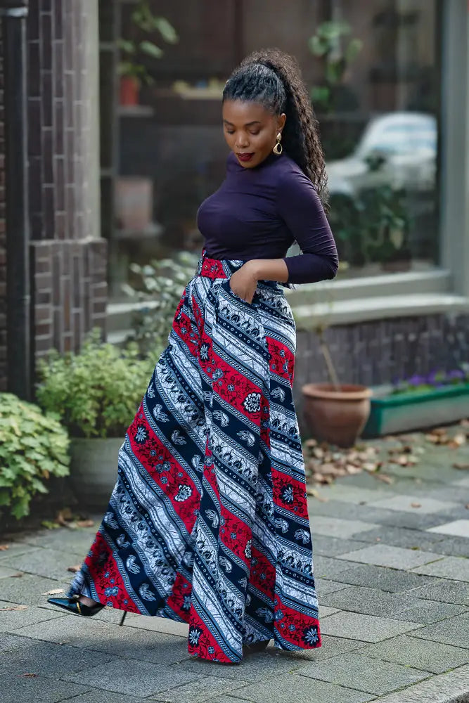 ESHE RED AND NAVY PALAZZO TROUSER Trousers