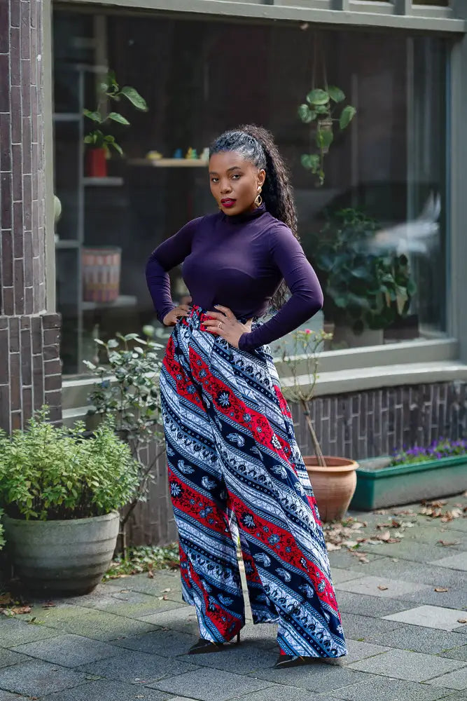 ESHE RED AND NAVY PALAZZO TROUSER Trousers