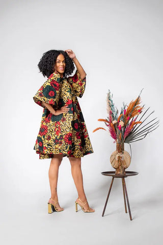 Hamza Green And Red Floral Dress Dresses