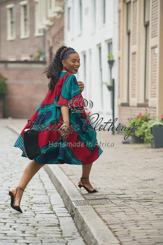 HAMZA GREEN AND RED PRINT DRESS Women’s Dress