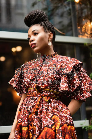 Lanre Brown High Neck Ankara Dress Dresses