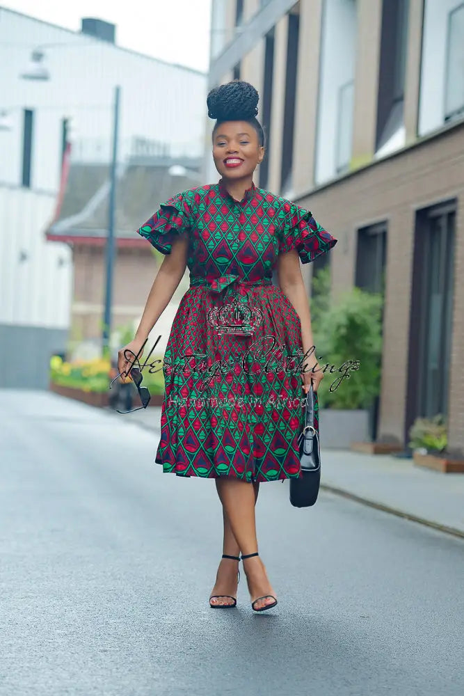 LANRE GREEN AND RED MIDI DRESS. Heritage Clothings