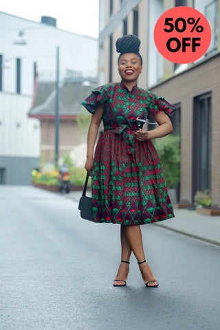 Lanre Green And Red Midi Dress. Dresses