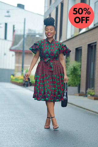 Lanre Green And Red Midi Dress. Dresses