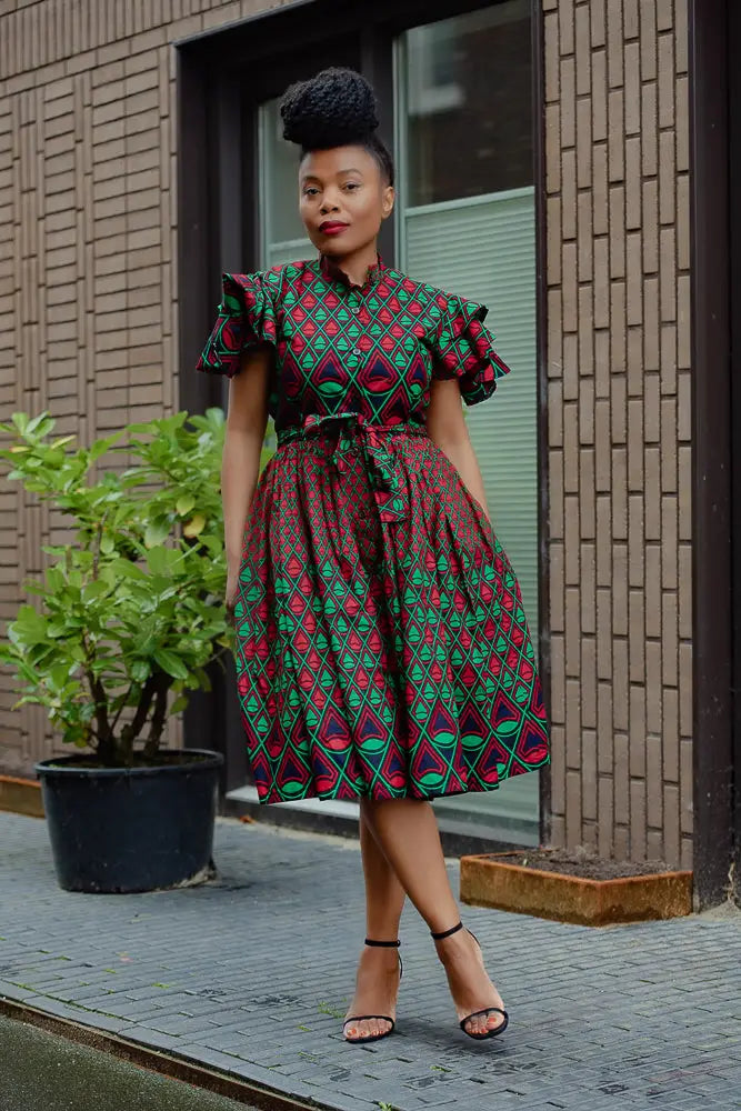 Lanre Green and Red Midi Dress