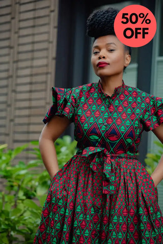 Lanre Green And Red Midi Dress. Dresses