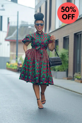 Lanre Green And Red Midi Dress. Dresses