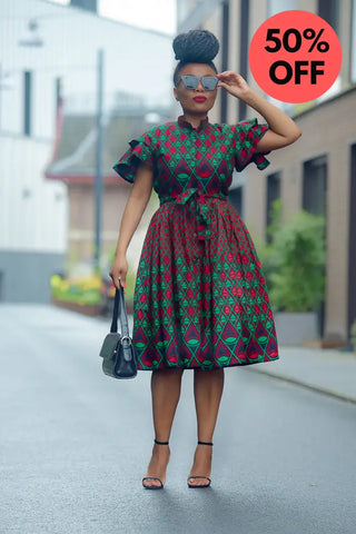 Lanre Green And Red Midi Dress. Dresses