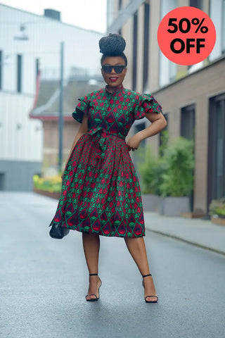 Lanre Green And Red Midi Dress. Dresses