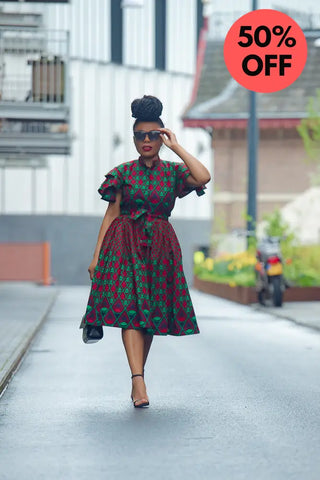 Lanre Green And Red Midi Dress. Dresses