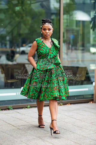 LOLA GREEN AND BROWN PEPLUM SKATER DRESS