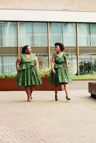 LOLA GREEN AND BROWN PEPLUM SKATER DRESS