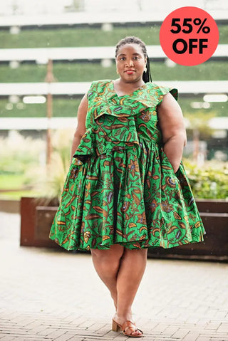 LOLA GREEN AND BROWN PEPLUM SKATER DRESS