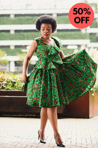 LOLA GREEN AND BROWN PEPLUM SKATER DRESS