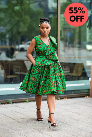 LOLA GREEN AND BROWN PEPLUM SKATER DRESS