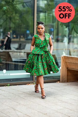 LOLA GREEN AND BROWN PEPLUM SKATER DRESS