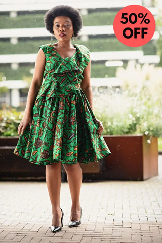 LOLA GREEN AND BROWN PEPLUM SKATER DRESS