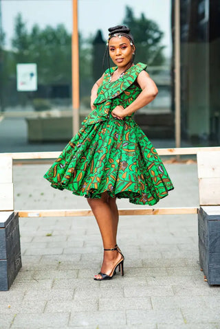 LOLA GREEN AND BROWN PEPLUM SKATER DRESS