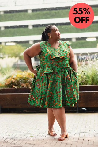 LOLA GREEN AND BROWN PEPLUM SKATER DRESS
