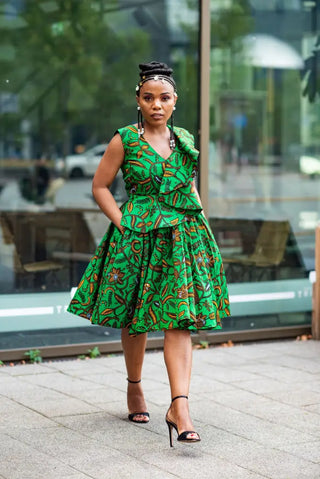 LOLA GREEN AND BROWN PEPLUM SKATER DRESS