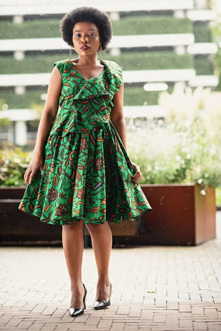 LOLA GREEN AND BROWN PEPLUM SKATER DRESS