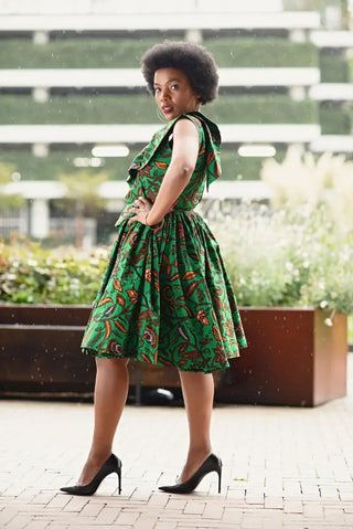 LOLA GREEN AND BROWN PEPLUM SKATER DRESS