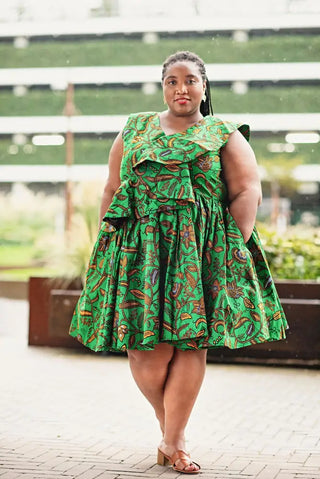 LOLA GREEN AND BROWN PEPLUM SKATER DRESS