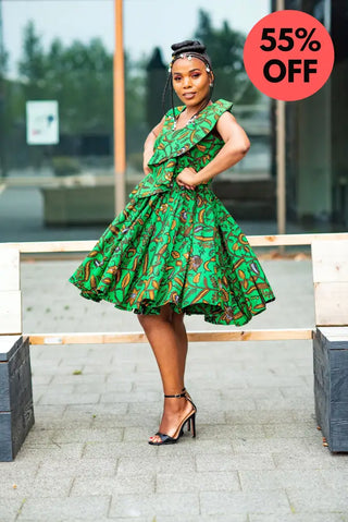 LOLA GREEN AND BROWN PEPLUM SKATER DRESS