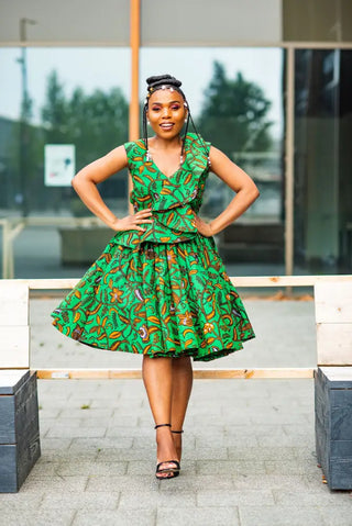 LOLA GREEN AND BROWN PEPLUM SKATER DRESS