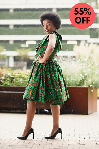 LOLA GREEN AND BROWN PEPLUM SKATER DRESS