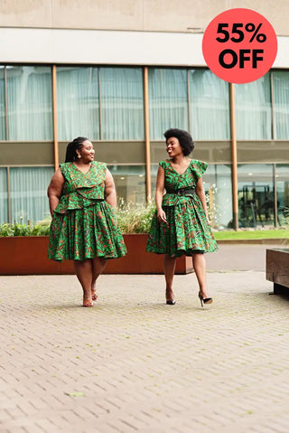 LOLA GREEN AND BROWN PEPLUM SKATER DRESS