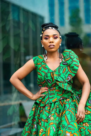 LOLA GREEN AND BROWN PEPLUM SKATER DRESS