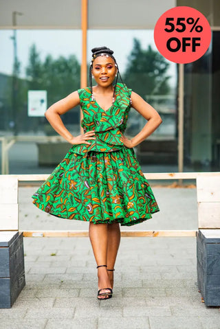 LOLA GREEN AND BROWN PEPLUM SKATER DRESS