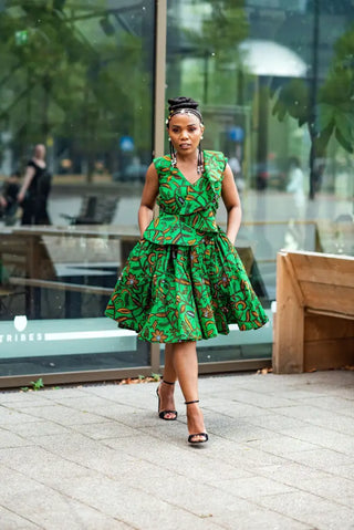 LOLA GREEN AND BROWN PEPLUM SKATER DRESS