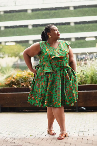 LOLA GREEN AND BROWN PEPLUM SKATER DRESS