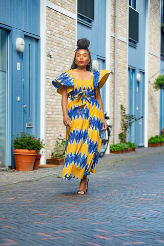 Maya Blue And Gold Front-slit Dress M Maya Blue And Gold Front-slit Dress M