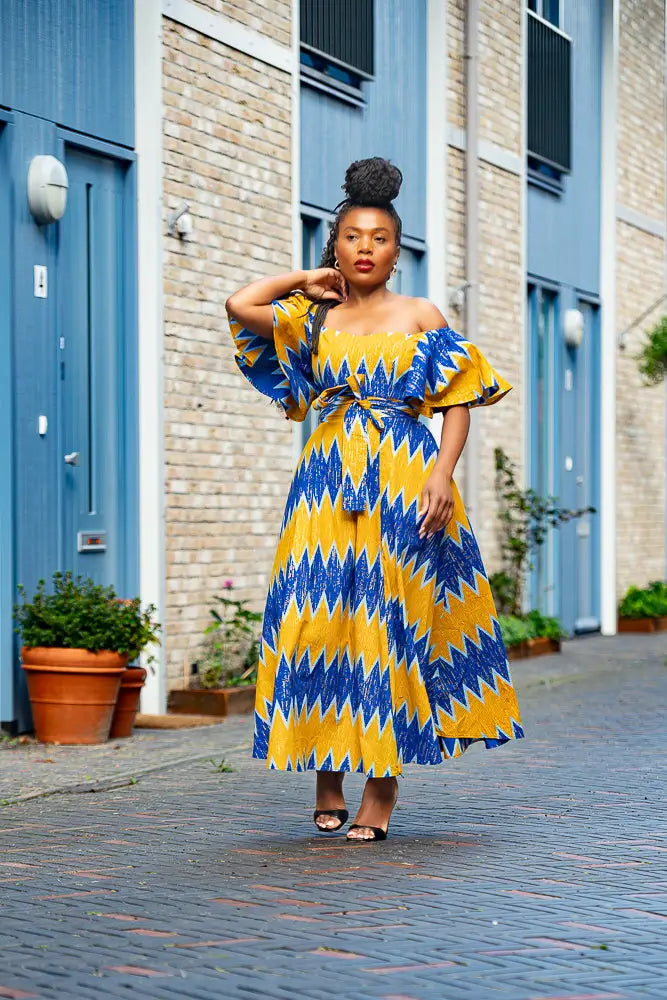 Maya Blue And Gold Front-slit Dress