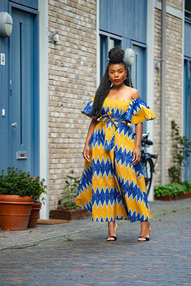 Maya Blue And Gold Front-slit Dress 3XL