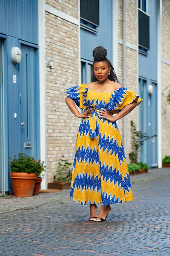 Maya Blue And Gold Front-slit Dress