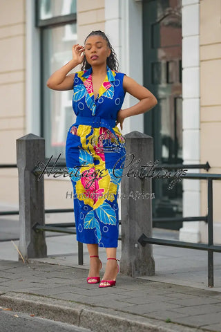 MBALI BLUE AND YELLOW SLEEVELESS DRESS Women’s Dress