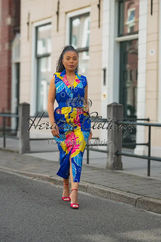 MBALI BLUE AND YELLOW SLEEVELESS DRESS Women’s Dress
