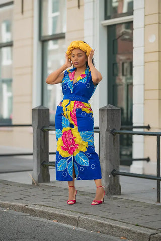 MBALI BLUE AND YELLOW SLEEVELESS DRESS Women’s Dress