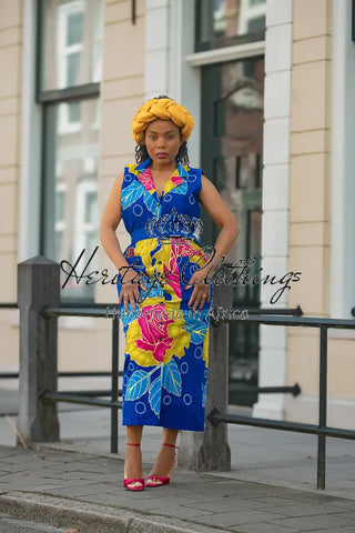 MBALI BLUE AND YELLOW SLEEVELESS DRESS Women’s Dress