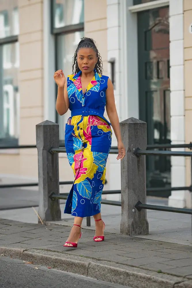 MBALI BLUE AND YELLOW SLEEVELESS DRESS Women’s Dress