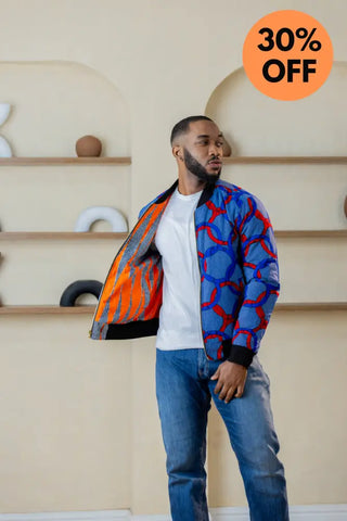 MEN’S AMMA MULTI WAY BLUE AND ORANGE BOMBER JACKET Apparel & Accessories