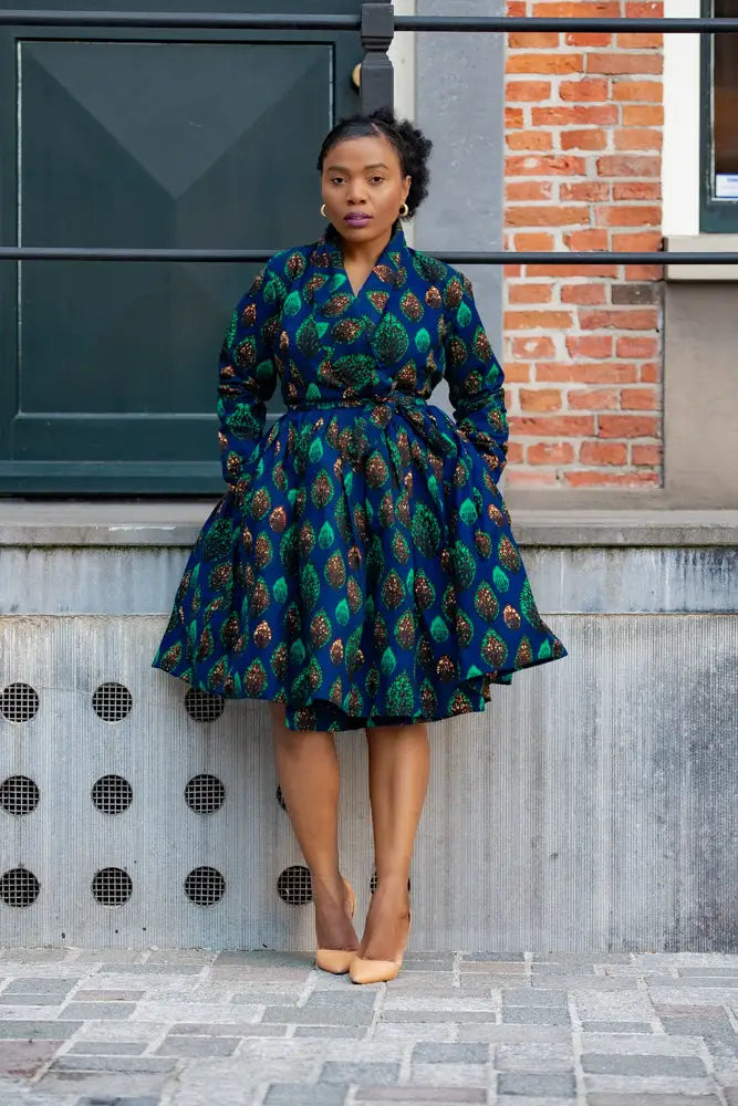 NALA ROYAL BLUE AND GREEN WRAP DRESS Women’s Dress