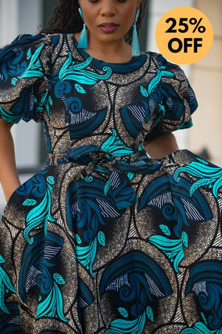 NEFERTITI BLUE AND BROWN MIDI DRESS Women’s Dress