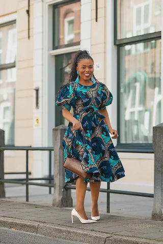 NEFERTITI BLUE AND BROWN MIDI DRESS Women’s Dress